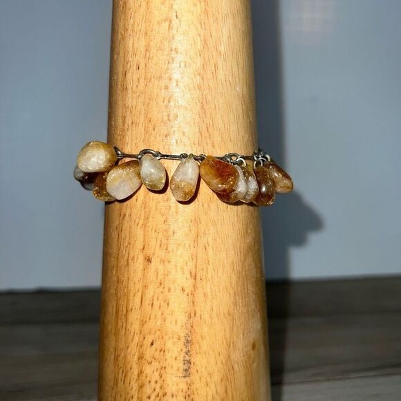 Citrine And Crystal Dangling Bracelet Linked Silver Tone Chain Bohemian Classic - Picture 1 of 7